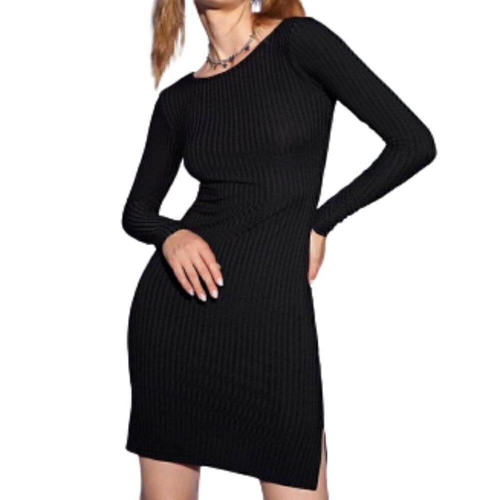 Open Back Sleek Ribbed Bodycon Dress Long Sleeve Sz Small Med